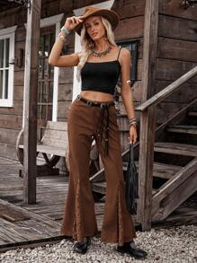 LanaWest Faux Suede & Lace Patchwork Retro Flare Pants For Women Fall Cloth For Women - Coffee Brown - View 4