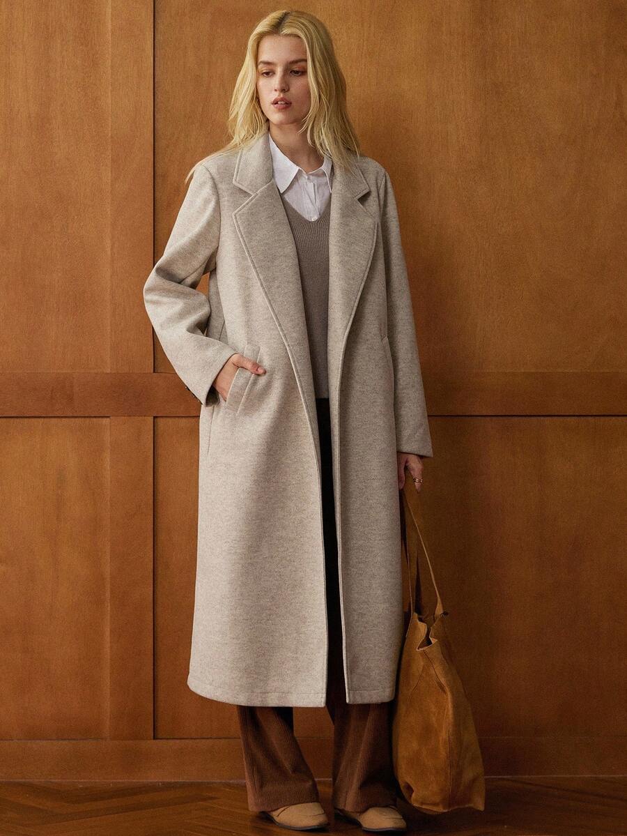 Écloséra 复古休闲都市通勤羊毛混纺缺口领长袖女式夹克，中长款，春夏 - 卡其色 - 查看 1