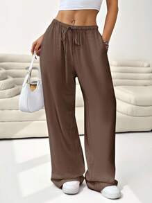 SHEIN EZwear 春夏季大码纯色抽绳腰宽松阔腿裤 - 棕色 - 查看 6