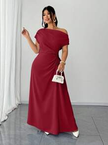 Elenzga Vestido elegante ajustado con hombros caídos y drapeado para tallas grandes - Rojo - View 7