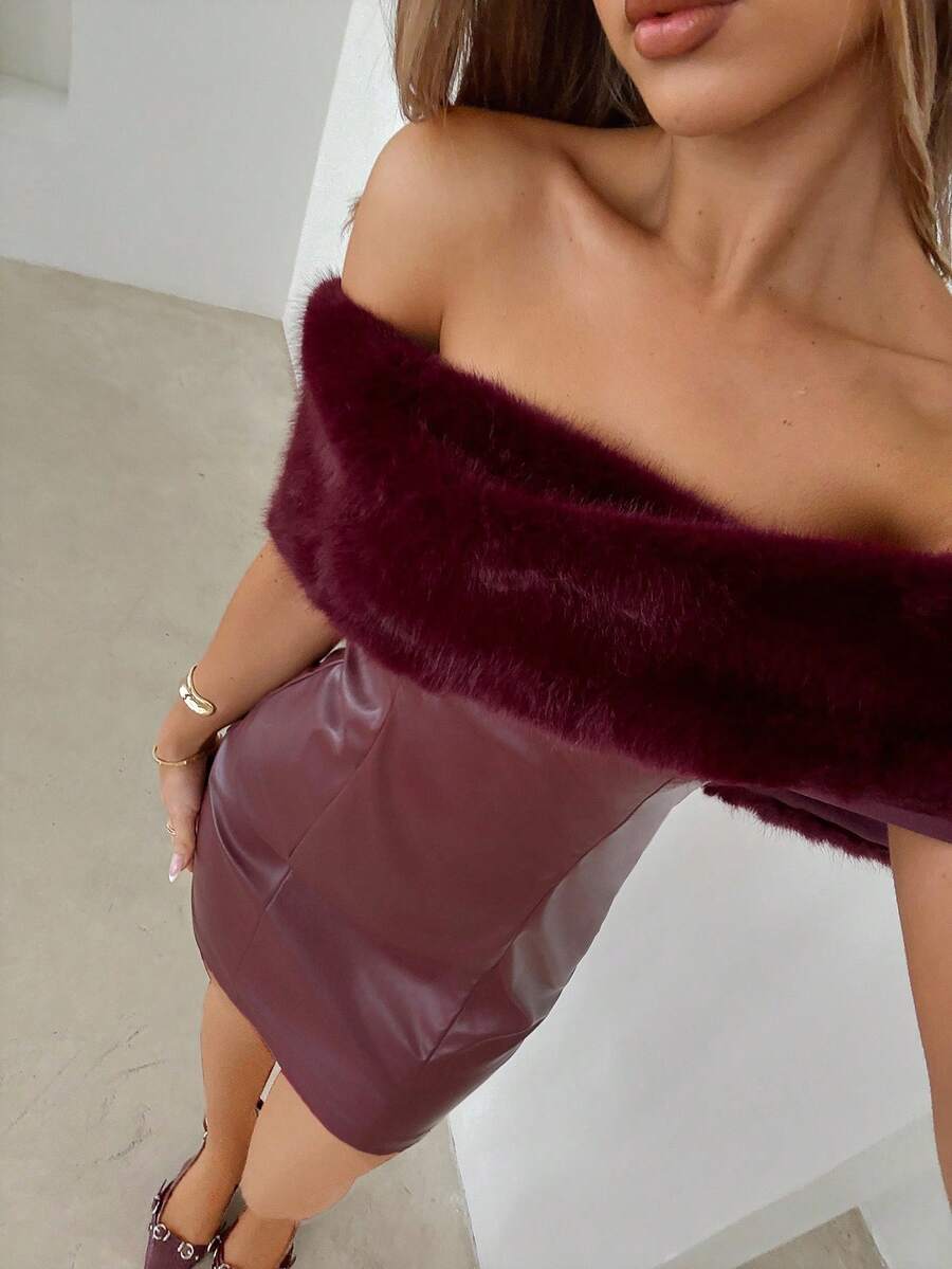 Aloruh Women's Ankara Red PU Patchwork Faux Fur Off Shoulder Fashionable Dress,Burgundy Short Dress,Wine Red Mini Dress,Halloween Costumes,Old Money Style,Christmas Dress,New Year Dress,Elegant Party Dress,Business Casual Woman,Fall Dresses For Women,Autumn Dress