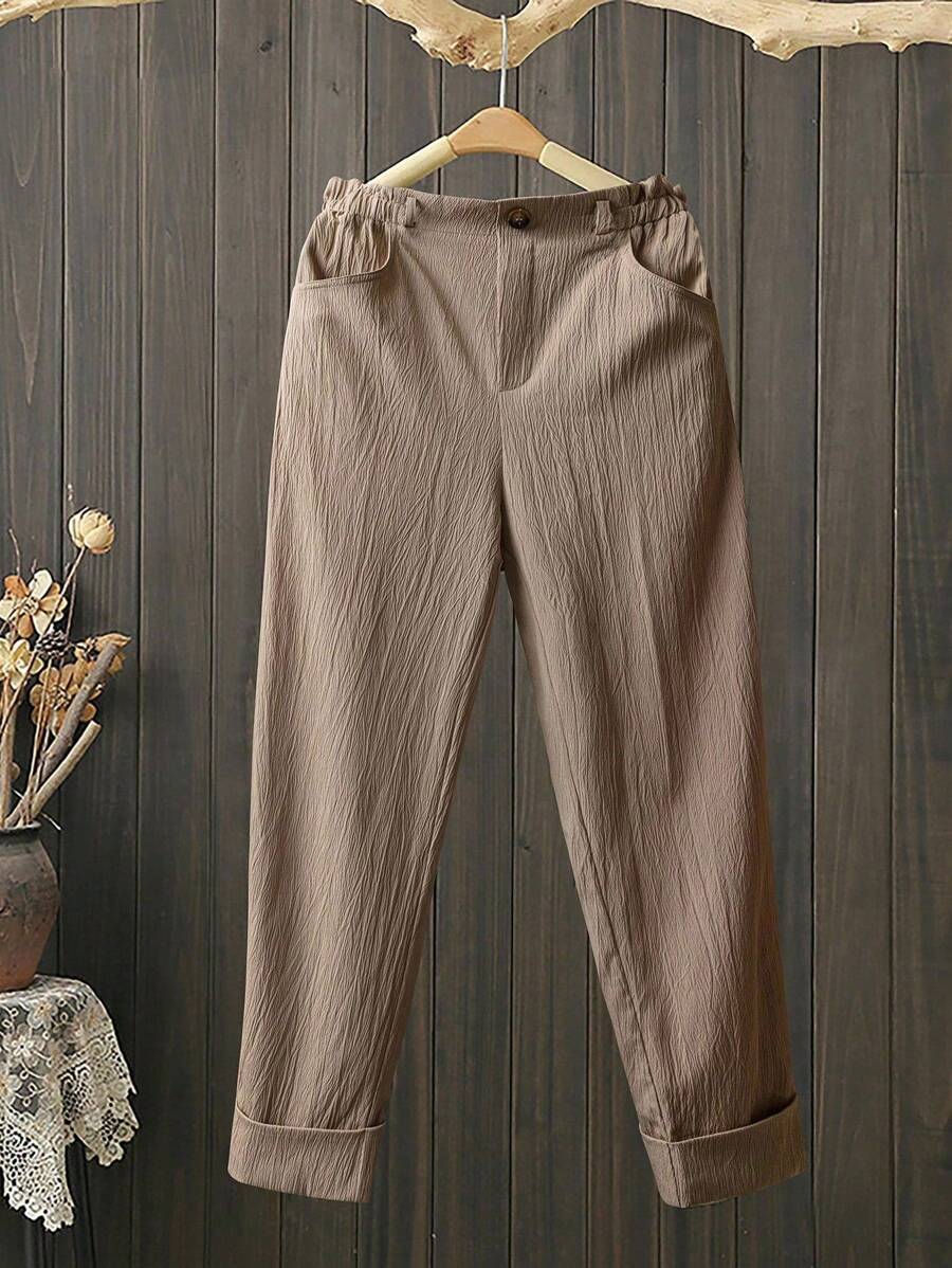 SHEIN PETITE CURVE 大码宽松休闲时尚女裤 - 咖啡棕 - 查看 1