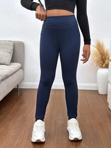 SHEIN Tween Girl 休闲补丁细节明线海军蓝针织宽腰紧身裤，适合春、夏、秋、冬 - 藏蓝色 - 查看 2