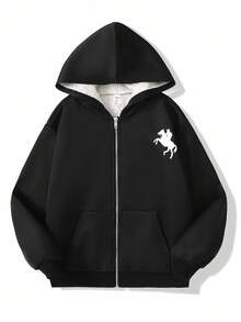 SHEIN 青少年女孩休闲时尚黑色针织连帽毛绒运动衫 - 黑色 - 查看 7