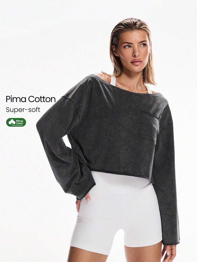Washed Pima Cotton Glow And Go Soft Breathable Curled Hem Cuffs Pockets Cropped Length Long-Sleeve Top Daily Casual Wear