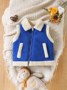 年轻女孩冬季仿皮羊毛机车背心夹克 - 寶藍色 - 查看 1