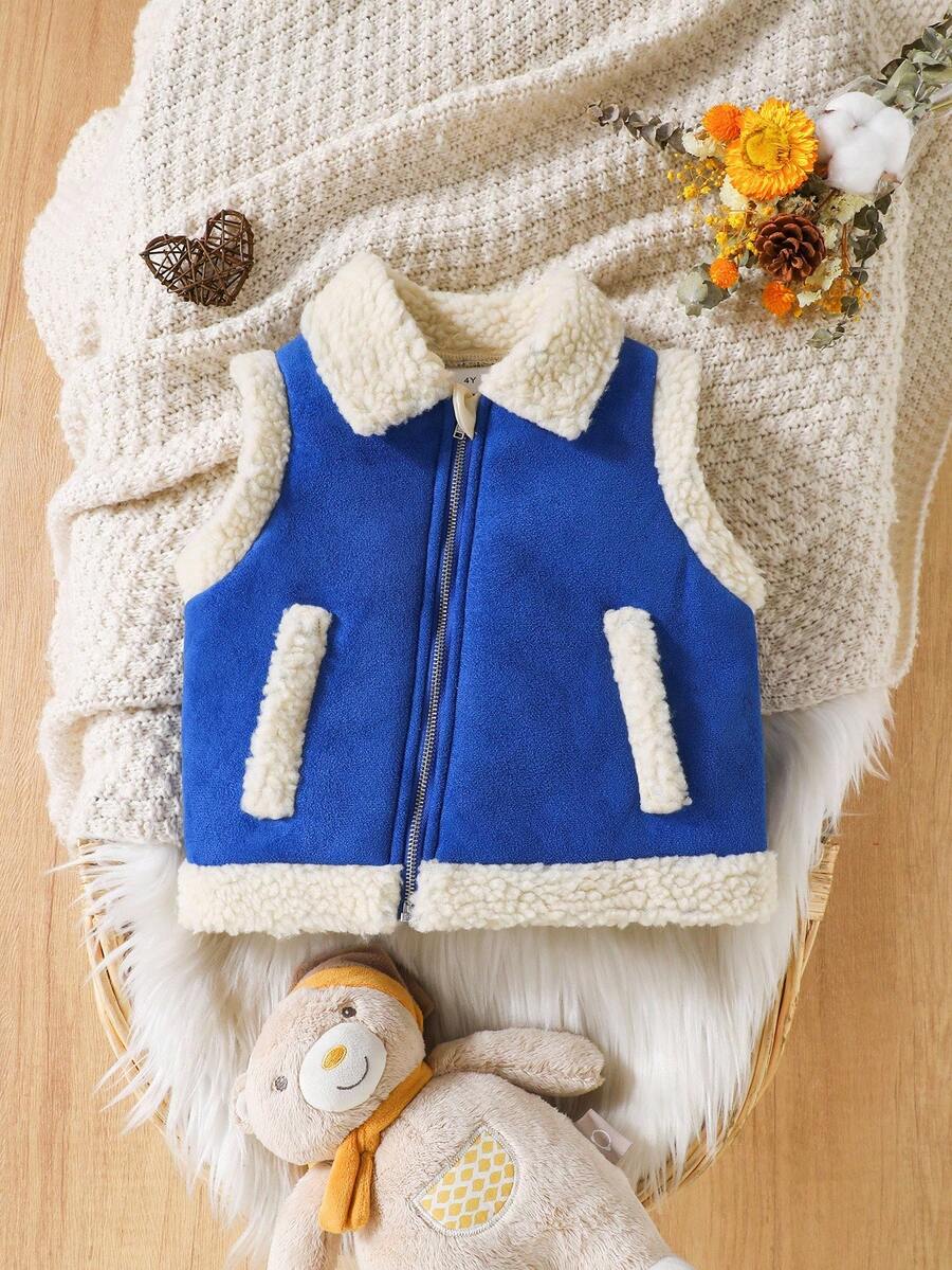 年轻女孩冬季仿皮羊毛机车背心夹克 - 寶藍色 - 查看 1