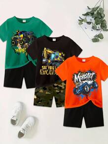 Bộ 6 món áo thun in chữ hình xe hơi thường ngày cho bé trai và quần short, thời trang - Nhiều màu - Xem 6