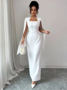 Elenzga Đầm suông cổ vuông thanh lịch cho nữ, tay áo đính ngọc trai, thích hợp cho đám cưới, tiệc tùng, lễ hội âm nhạc, mùa xuân và mùa thu - trắng - Xem 6