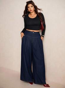 Elaquor Calça Denim Azul Marinho Cintura Alta Perna Larga Elegante Roupas Femininas Confortáveis Cintura Elástica Roupas Femininas de Outono