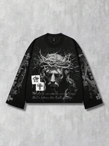 ROMWE MEN Goth Men's Streetwear Graphic Print Pullover T-Shirt, Suitable For Spring/Summer, Fall, 2000s Style