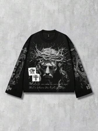 Goth Maglietta girocollo con stampa grafica, stile streetwear, adatta per primavera/estate, autunno, stile anni 2000