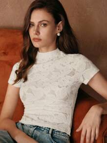 Anewsta Savoree Elegant Romantic 3D Floral Jacquard Stand Collar Fitted Short Sleeve Knit Tee With Pearl Decor