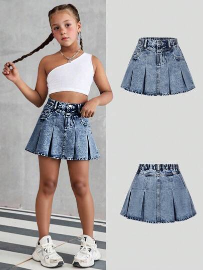 SHEIN Tween Girls Vintage Washed Denim Fashionable Versatile Comfortable Casual Minimalist Elastic Waist Pleated Denim Skirt