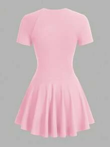 CourtClass 女士休闲纯色拉链短袖连衣裙 - 粉色 - 查看 8