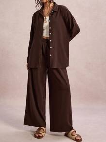 SHEIN LUNE 大码度假休闲纯色衬衫和裤子两件套 - 咖啡棕 - 查看 5