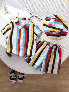 2pcs/Set Boys' Colorful Striped Short Sleeve Shirt And Shorts - Multicolor - View 1