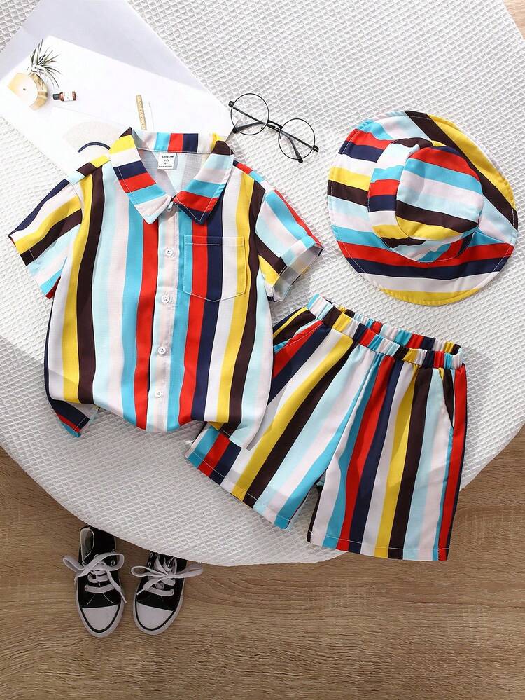 2pcs/Set Boys' Colorful Striped Short Sleeve Shirt And Shorts