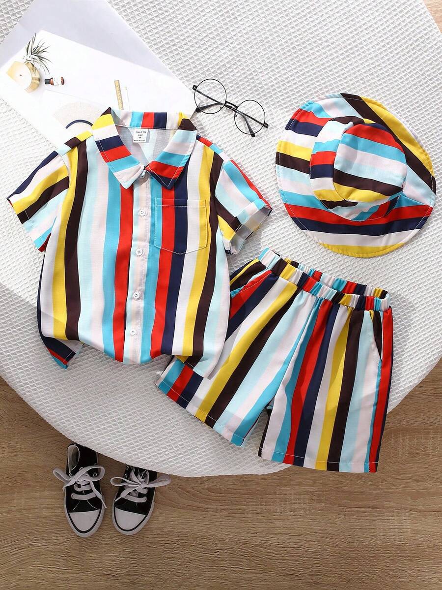 2pcs/Set Boys' Colorful Striped Short Sleeve Shirt And Shorts - Multicolor - View 1