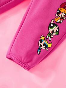 THE POWERPUFF GIRLS X SHEIN 2 件女婴可爱花卉、泡泡、毛茛图案圆领长袖运动衫和撞色裤子宽松秋冬套装 - 粉色 - 查看 6