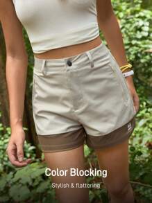 In My Nature 女士撞色拉链口袋宽松户外短裤女式徒步短裤女式露营短裤 - 米色 - 查看 4