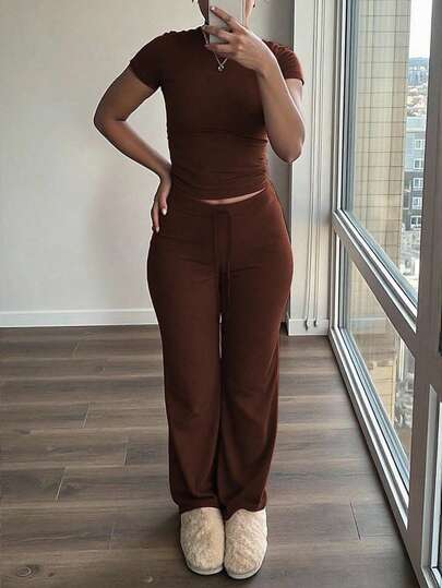 INAWLY Solva 2pcs/Set Women Solid Color Short Sleeve T-Shirt And Drawstring Waist Pants, Casual