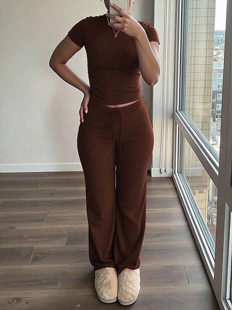 INAWLY Solva 2 pièces/Set T-shirt à manches courtes et pantalon à cordon de serrage à la taille, de couleur unie, décontracté, pour femmes