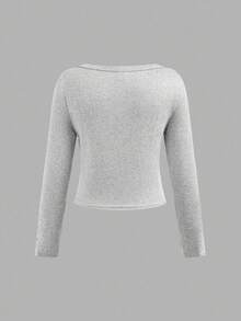 SHEIN Girlism 3件套少女休闲修身短款喇叭袖简约V领长袖T恤，黑/灰/白秋冬3件装上衣 - 彩色 - 查看 6