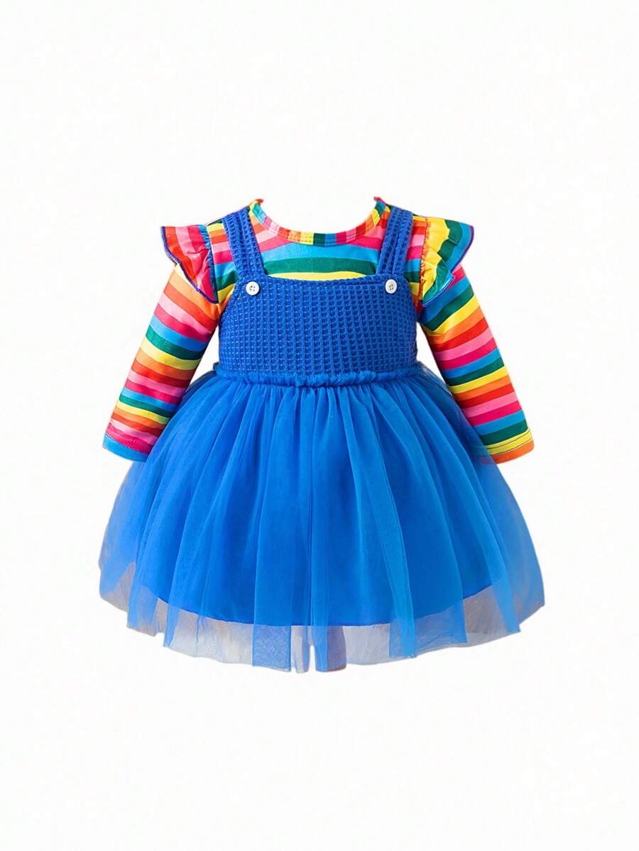 SHEIN Playful Pals 女婴彩虹条纹盖袖吊带二合一服装，秋季温暖舒适可爱风格