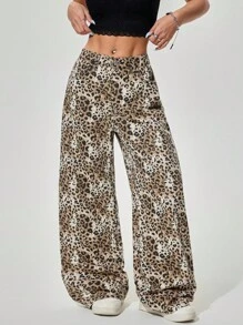 SHEIN ICON Casual Retro Leopard Print Wide Leg Jeans - Multicolor - View 3