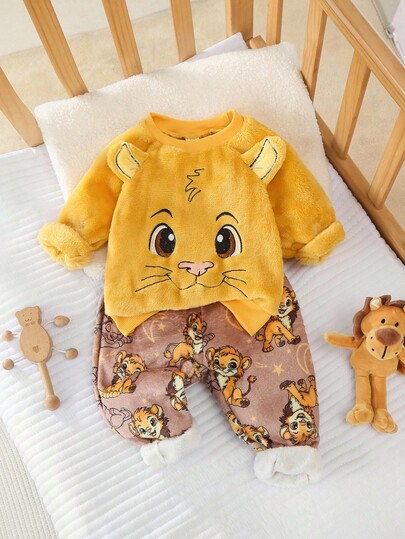 SHEIN Conjunto de pijama infantil masculino, 2 peças, blusa e calça de lã com estampa de desenho animado, gola redonda, manga comprida