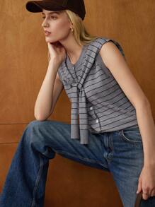 Écloséra French Vintage Women's Faux-Layered Striped Knit Sweater,Grey Autumn 80s Everyday Back-To-School Tie-Button Thin Stripe Casual Commute Pullover - Dark Grey - View 4