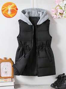 SHEIN Áo khoác mùa đông không tay có mũ trùm đầu màu tương phản, cạp rút thoải mái cho bé gái tuổi mới lớn - Nhiều màu - Xem 6