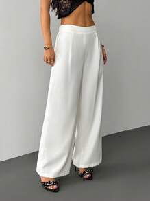 SHEIN PETITE 新款秋冬优雅休闲通勤百搭轻奢老款风高腰百褶阔腿裤白色阔腿裤白色正装裤女阔腿裤女阔腿裤女白色正装裤白色阔腿裤