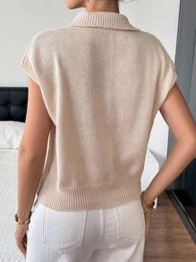 SHEIN Frenchy 女士撞色刺绣休闲百搭短袖针织上衣 - 杏色 - 查看 2