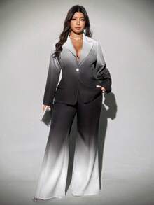 Viva Relle 大码渐变色喇叭裤，优雅西装套装 - 黑與白 - 查看 4