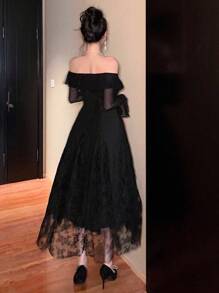 DAZY Đầm dài tay loe xếp nếp hở vai phối ren chắp vá cho nữ, mùa thu, mùa thu Quần áo nữ Đầm dài tay Đầm dạ hội Đầm thanh lịch cho nữ - màu đen - Xem 2