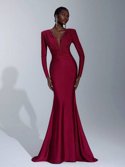Elitara Elegant,Burgundy Winter Deep V-Neck Long Sleeve Fishtail Hem Evening Formal Dress, Stretchy Minimalist Bridesmaid Dress For Wedding Party Vacation