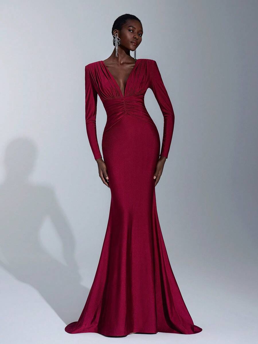 Elitara Elegant, Romantic, Sexy, Minimalist, Plum Red, Stretchy, Deep V-Neck, Long Sleeve, Fishtail Hem, Fashionable, Influencer Style, Suitable For Holidays, Vacation, Birthday Party, Wedding, Bridesmaid Dress - Red - View 1