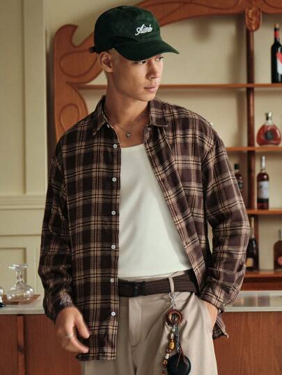 SWAVVY חולצת כתף ארוכת שרוולים עם הדפס כותנה משובץ לגברים, 1pc, סתיו, זוגות, חולצה