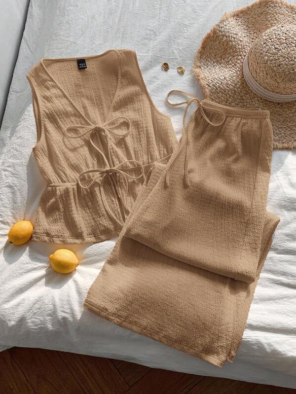 Comfortcana Conjunto informal de top sin mangas con nudo delantero de punto caqui y pantalones para vacaciones de mujer