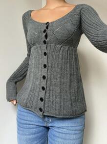 SHEIN EZwear 秋冬女士常规纯色圆领前扣长袖开衫