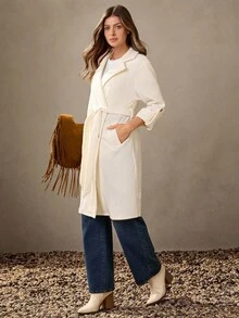 Wildy 秋季乡村时尚女式冬季外套 女士纯色腰带系带优雅长袖风衣 商务休闲女士白色西装 米色女士商务休闲西部风 女士西部米色长款风衣 女士时尚秋季 - 米色 - 查看 2