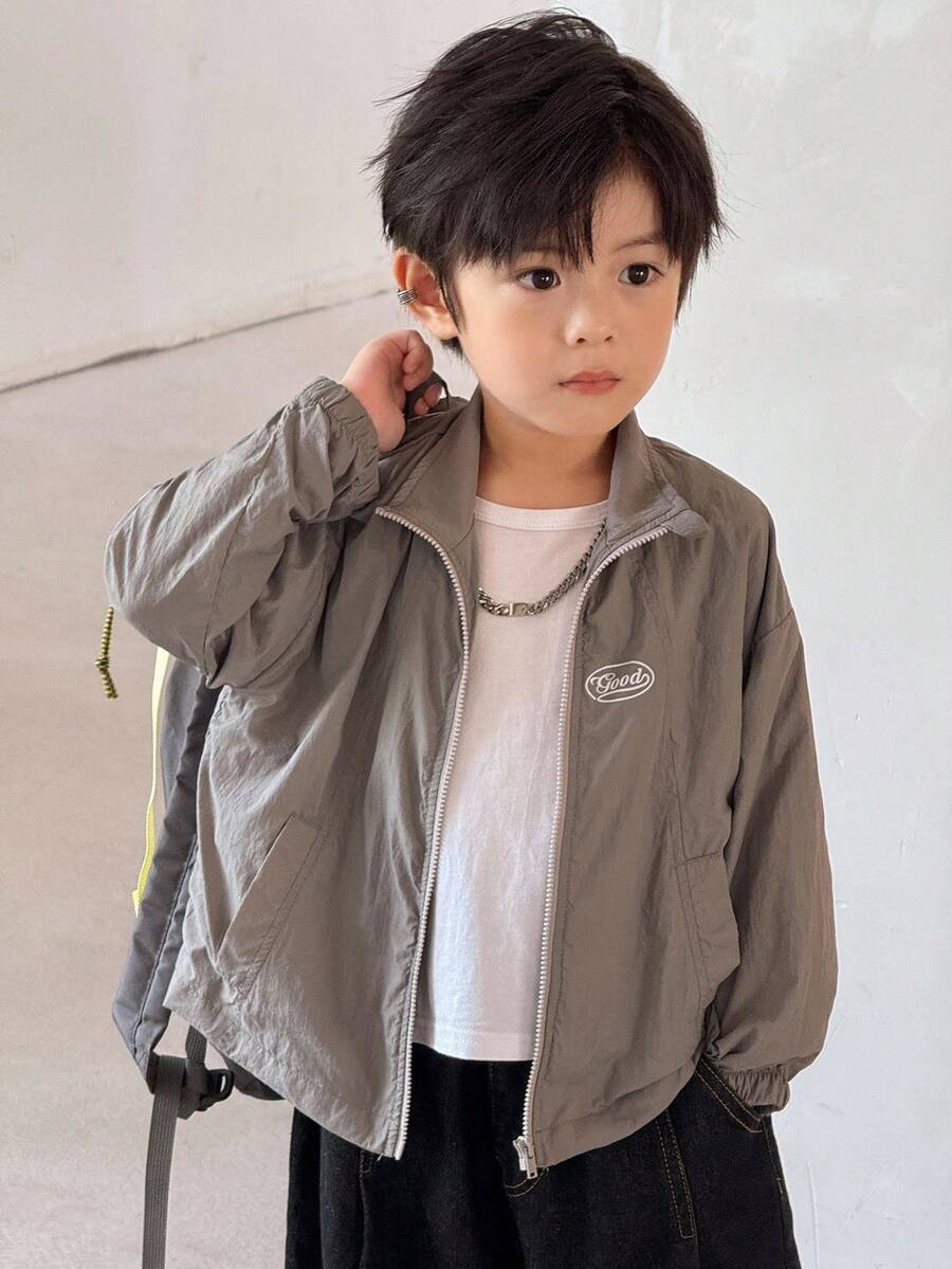 SHEIN Little Byeori Young Boy Casual Letter Print Front Zip Jacket Boys Zip Up Jacket Kids Zip Up Jacket Boys Summer Jacket Kids Summer Jacket Boy Jacket,In Fall/Winter - Grey - View 1
