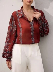 Aveloria Modichic Plus Size Chiffon Floral Print Puff Sleeve Ruffle Hem Long Sleeve Blouse Fall Cloth For Women - Multicolor - View 3