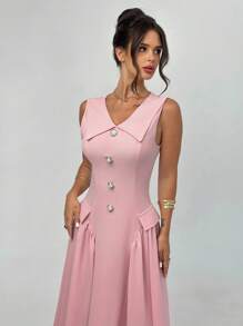 Firerie Women's Soft Pink Summer Elegant Tea Party Dress, Lapel Pearl Button Low Waist A-Line Mid-Length Sleeveless Graduation Teacher Outfits - Pink - View 6