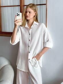 EURMUSE 2 Pcs, Cotton, Long Sleeve Shirt And Straight Fit Pants - White - View 1