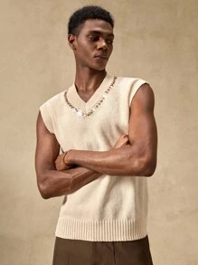 AKNOTIC Business Casual Áo vest dệt kim họa tiết xích thường ngày cho nam, mùa thu - Màu be - Xem 6