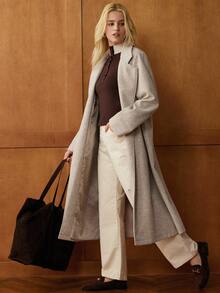 Écloséra 复古休闲都市通勤羊毛混纺缺口领长袖女式夹克，中长款，春夏 - 卡其色 - 查看 6