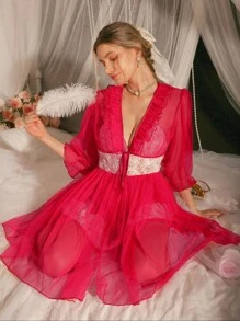 DelicateAllure 3D Rose Decor Spaghetti Strap Mesh Sexy Lingerie Set For Women - Burgundy - View 4